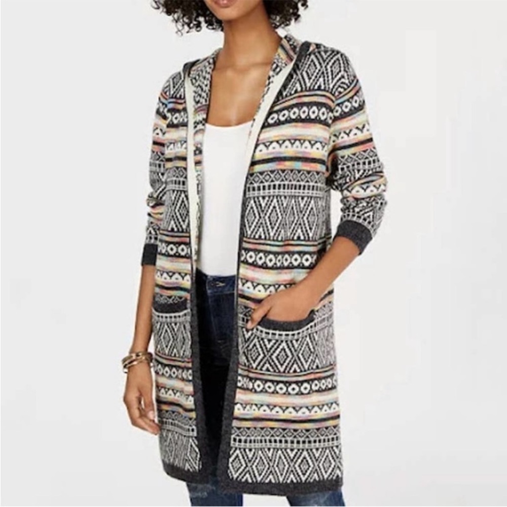 Monteau Intarsia Knit Open Front Hooded Cardigan Size Medium